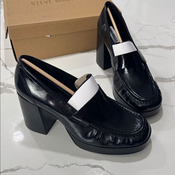 Steve Madden | Women’s Munday Black Patent Platform Loafer Pumps Block Heels 9.5 - Picture 5 of 9